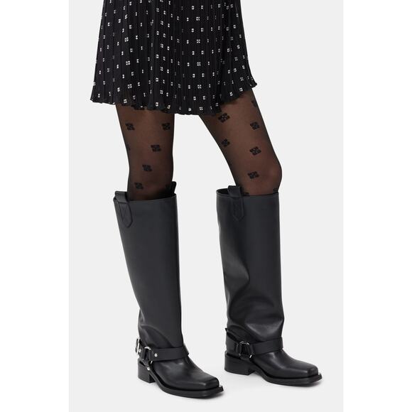 Ganni Under-Knee Biker Boots Square Toe Leather Moto Edgy Classy Black Size 36/6 - Picture 1 of 12
